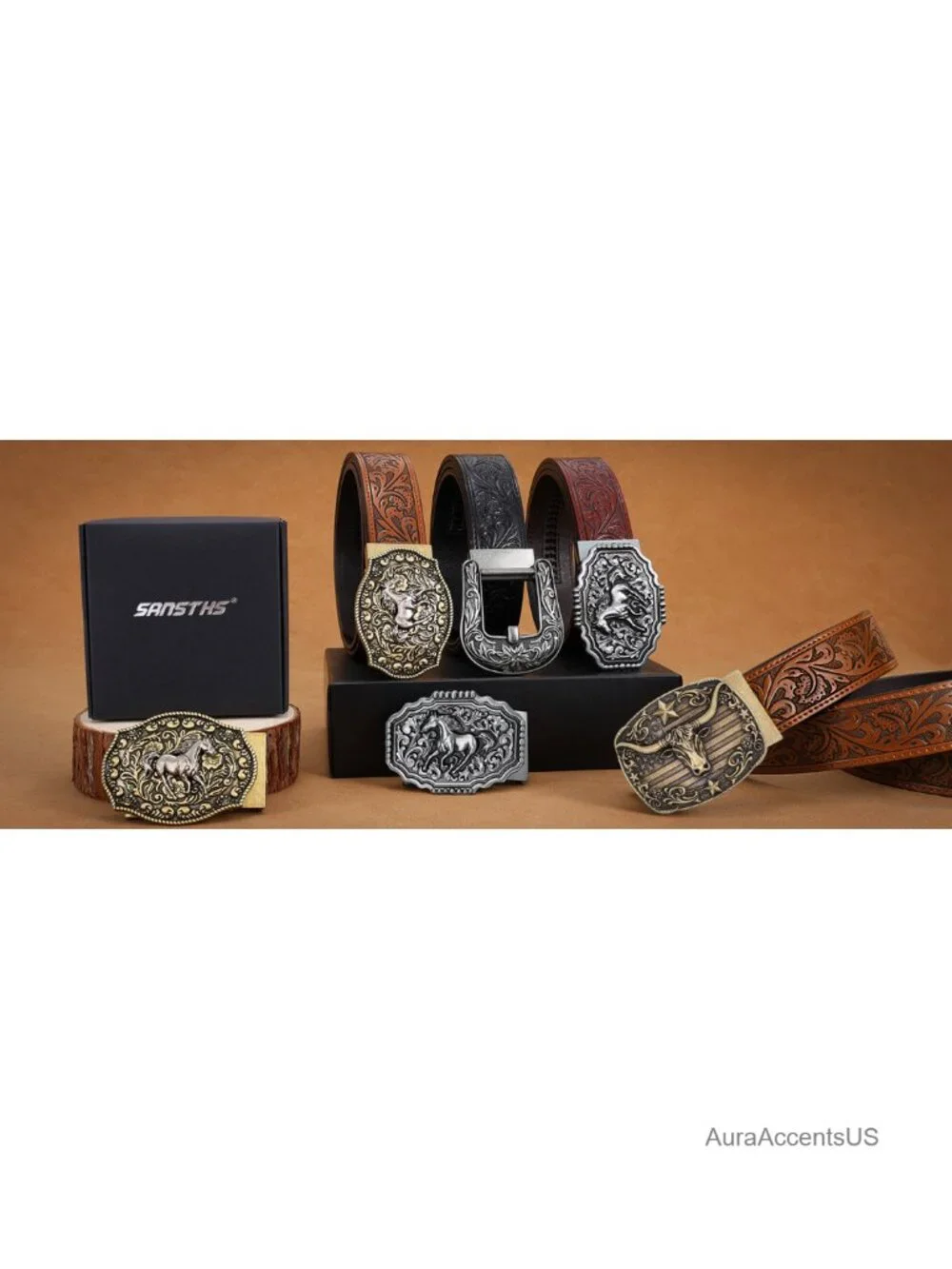 Western Cowboy Ratchet Belt for Men Women Leather Embossed 1.5